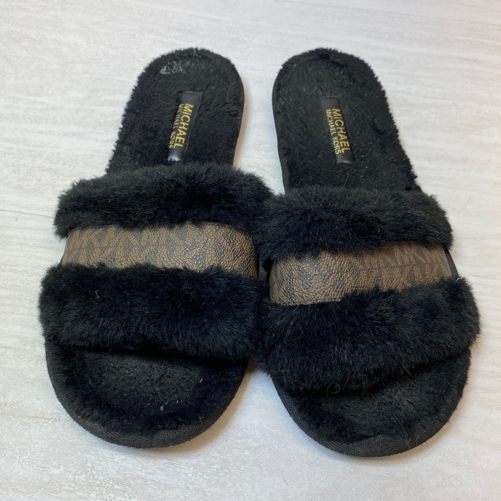 Michael Kors Womens 6.5 Slipper Slide Faux Fur Black Brown Logo Faux Leather